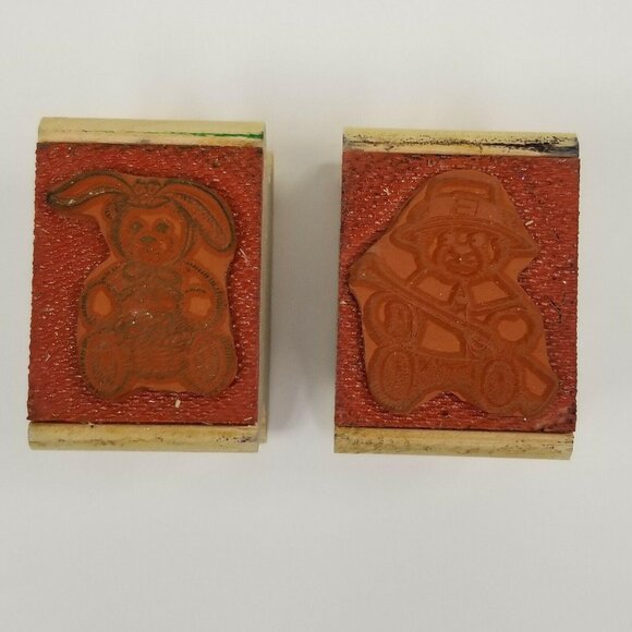 Unmarked Wood Rubber Stamps Thanksgiving Pilgrim Bear Easter Bunny Rabbit Set - Picture 7 of 9